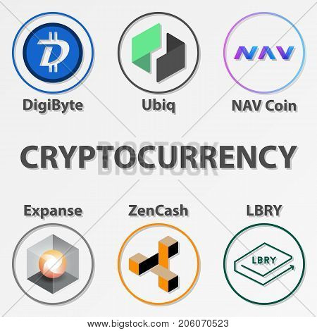 Set of 6 cryptocurrency icon. Colorful zencash digibyte and etc