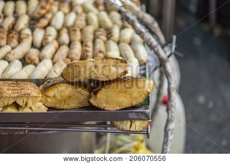 Roasted casava and banana on street food of Yaowarat Bangkok Thailand