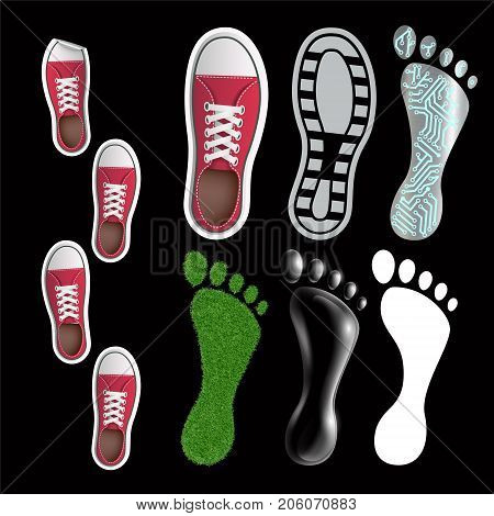 Set Of Footprints. Imprints From Grass Metal Water. Isolated On A Black Background. Stock Vector Ill