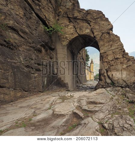 Ancient Roman Road Arch In Donnas