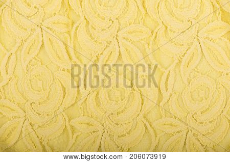 Closeup of yellow lace texture with floral pattern on white background.