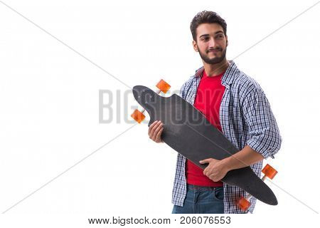 Young skateboarder with a longboard skateboard isolated on white
