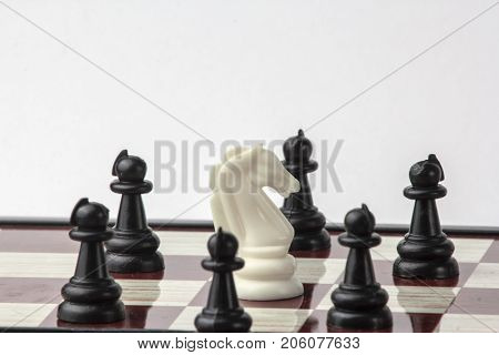 chess white horse surrounded by black pawns. concept of struggle. Isolated on white background.