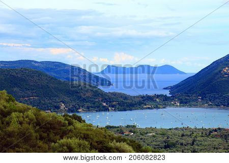Amazing view from the top of a mountain down to the sea, close to Itea, Greece