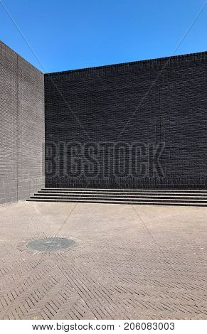 Poland, Gdansk - JUNE 12, 2017: Premise without roof, theater with gray walls in the open air