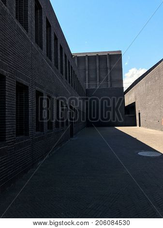 Poland, Gdansk - JUNE 12, 2017: Premise without roof, theater with gray walls in the open air