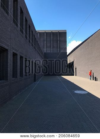 Poland, Gdansk - JUNE 12, 2017: Premise without roof, theater with gray walls in the open air