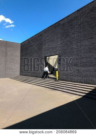 Poland, Gdansk - JUNE 12, 2017: Premise without roof, theater with gray walls in the open air