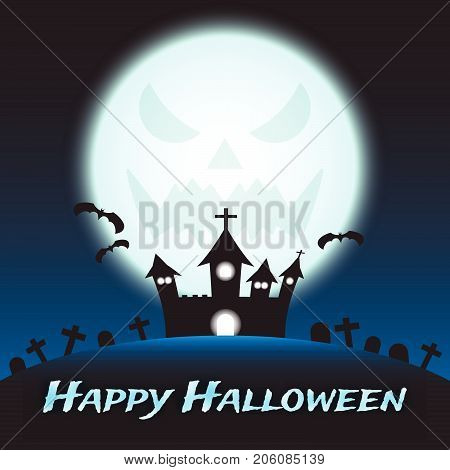 Vector Happy Halloween Night Illustration Of A Silhouette Curved Castle On A Hill Among Graveyard Under The Big Blue Shinning Monstrous Full Moon With Three Flying Bats