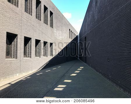 Poland, Gdansk - JUNE 12, 2017: Premise without roof, theater with gray walls in the open air