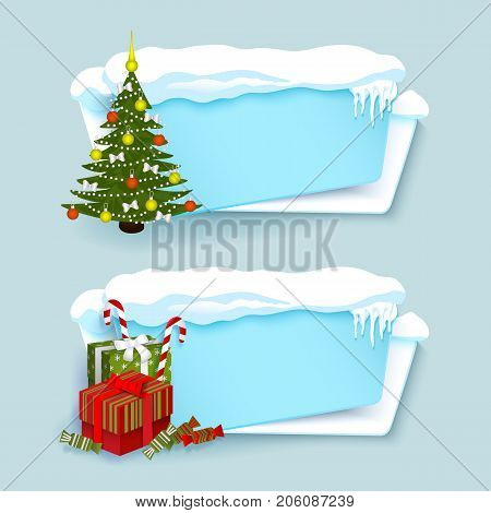 vector cartoon white, blue winter empty banner templates wit snow caps, icicles and christmas new year holidays symbols - decorated spruce tree, present boxes set. Illustration on grey background.