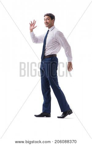 Businessman walking standing side view isolated on white backgro