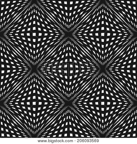 Vector geometric checkered pattern. Black & white seamless texture with crossing lines, stripes, cubic, shapes. Optical illusion effect. Modern monochrome abstract background, repeat tiles. Pop art. Design pattern.