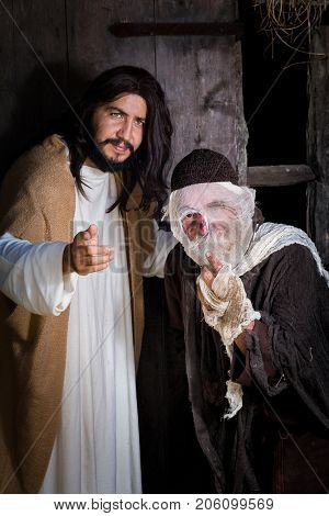 Bible scene historical reenactment play with a leprosy man and Jesus