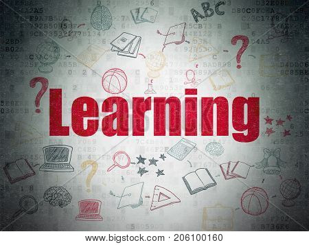 Education concept: Painted red text Learning on Digital Data Paper background with  Scheme Of Hand Drawn Education Icons