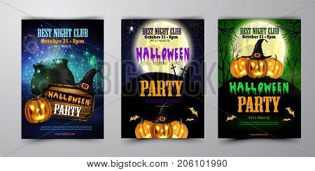 Halloween party flyer set with pumpkins, hat, pot and wooden board vector