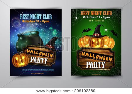 Halloween party flyer set with pumpkins, hat, pot and wooden board vector