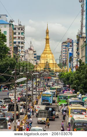 Yangon, Myanmar - September 26, 2016: Sule pagoda in Yangon, Myanmar