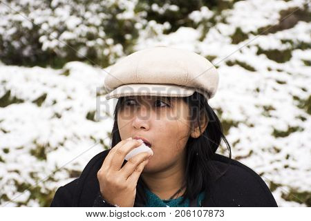 Asian Thai Women Eating Tasty Snow At Top Of Mountain