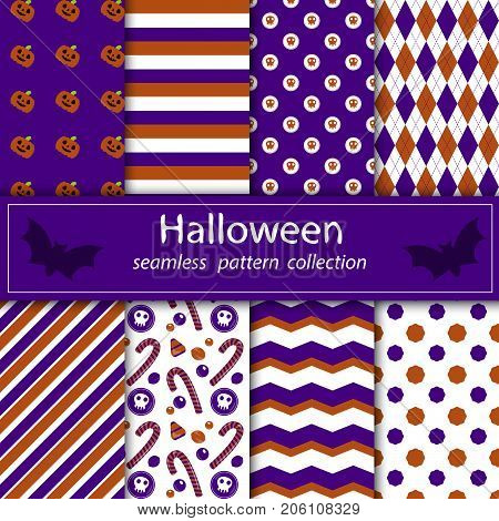 A set of paintings. Stock vector seamless plum fabric Halloween orange purple. happy and merry holiday.