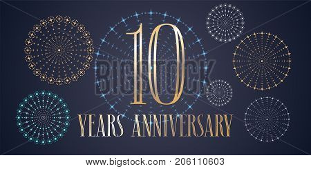 10 years anniversary vector icon, logo. Template design, banner with fireworks for 10th anniversary greeting card, can be used as decoration element