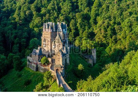 Burg Eltz castle in Rhineland-Palatinate state, Germany. Construction started	prior to 1157.