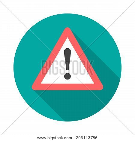 Attention circle icon with long shadow. Flat design style. Warning simple silhouette. Modern minimalist round icon in stylish colors. Web site page and mobile app design vector element.