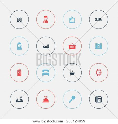 Set Of 16 Editable Motel Icons. Includes Symbols Such As Unblock Access, Employee, Opened Placard And More