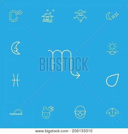Set Of 13 Editable Weather Outline Icons. Includes Symbols Such As Sunup, Celsius, Lunar And More