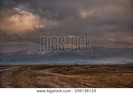 Majestic Sunset In The Mountains Landscape. Dramatic Sky Clouds. Azerbaijan, Gazakh Big Caucasus