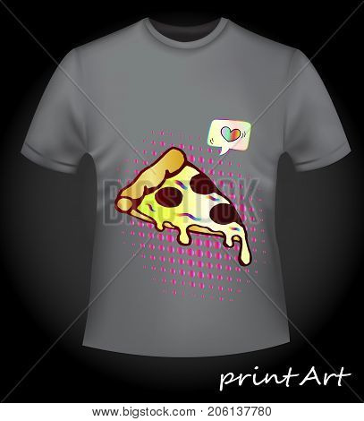 Print on a gray men's T-shirt - Fas Food: a piece of cheese pizza. Pop art style. Creative print