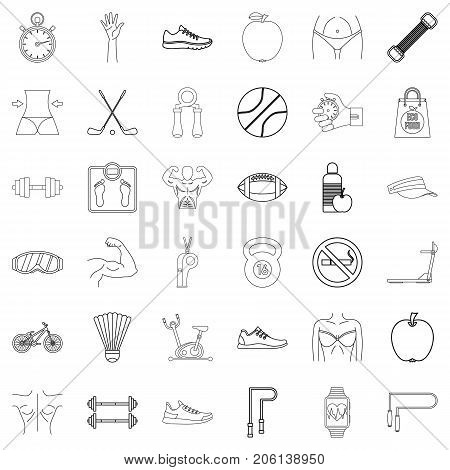 Fitness icons set. Outline style of 36 fitness vector icons for web isolated on white background
