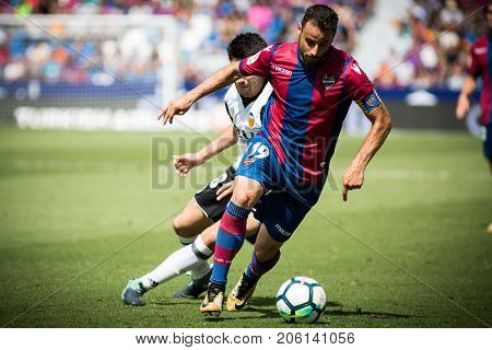 VALENCIA, SPAIN - SEPTEMBER 16: Pedro Lopez with ball during Spanish La Liga match between Levante Ud and Valencia CF at Ciutat de Valencia Stadium on September 16, 2017 in Valencia, Spain