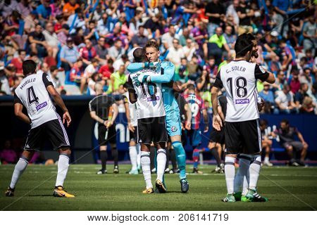 VALENCIA, SPAIN - SEPTEMBER 16: Players during Spanish La Liga match between Levante Ud and Valencia CF at Ciutat de Valencia Stadium on September 16, 2017 in Valencia, Spain