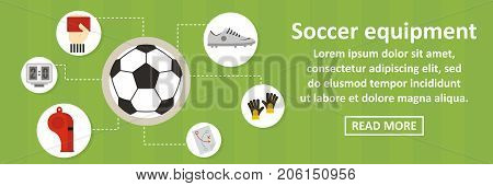 Soccer equipment banner horizontal concept. Flat illustration of soccer equipment banner horizontal vector concept for web design