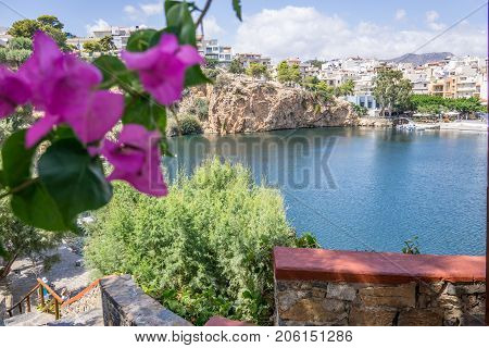 nice view on a lake on crete greece with trees and rocks in the background