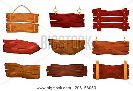 Set of isolated wild west signs made of wood. Old or vintage wooden empty planks, western desert or city blank billboard for message. Table or board from plywood. Guidance and warning theme