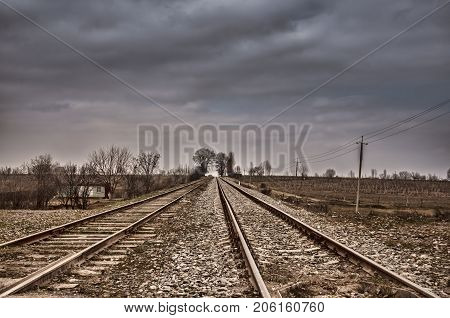 Rails (dormitories) At The Electrified Railway Corridor. Cloudy Weather. Gazakh Azerbaijan