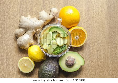 ginger-avocado shot homemade healthy Power- Drink ingredients top view