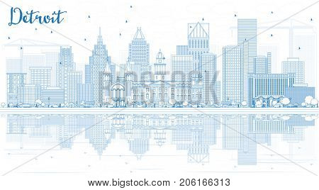 Outline Detroit Skyline with Blue Buildings and Reflections. Business Travel and Tourism Concept with Modern Architecture.