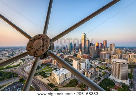 Dallas, Texas, USA downtown skyline at dusk viewed from above.