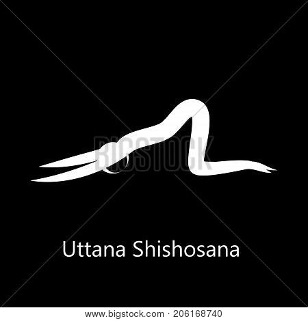 Extended Puppy Pose. Uttana Shishosana. Yoga Position. Vector Silhouette Illustration. Vector graphic design or logo element for spa center, studio, class, center, poster. Yoga retreat. White
