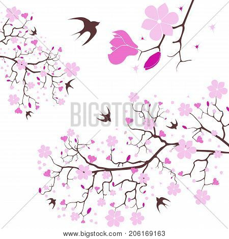 Vector image of magnolia blossom and swallow