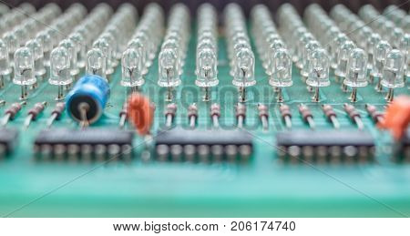 Macro close up of LED light diodes on a electronic board