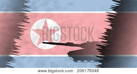 Silhouettes of tanks against the background of the flag of North Korea. Military background. Conflict in Asia