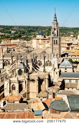 Aerial view of the medieval city of Toledo in Spain including the cathedral