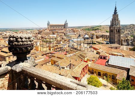 The medieval city of Toledo in Spain with the Alcazar and the Cathedral overlooking the old town