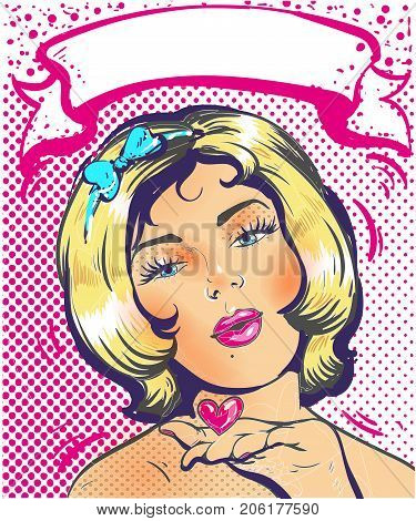 Love bobble pop art woman face with a kiss. Vector illustration.