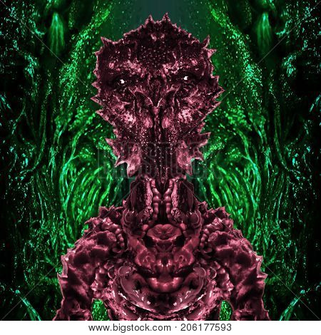 Spaceman martian invader sits inside his ship. Science fiction original character concept. Original character the astronaut on abstract green background.