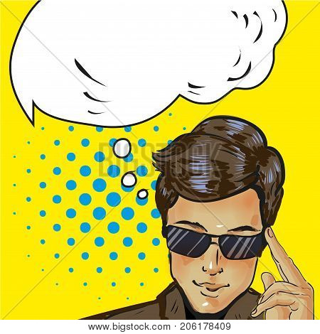 smiling bearded hipster businessman was up to something, a finger to her lips. Pop art retro vector illustration